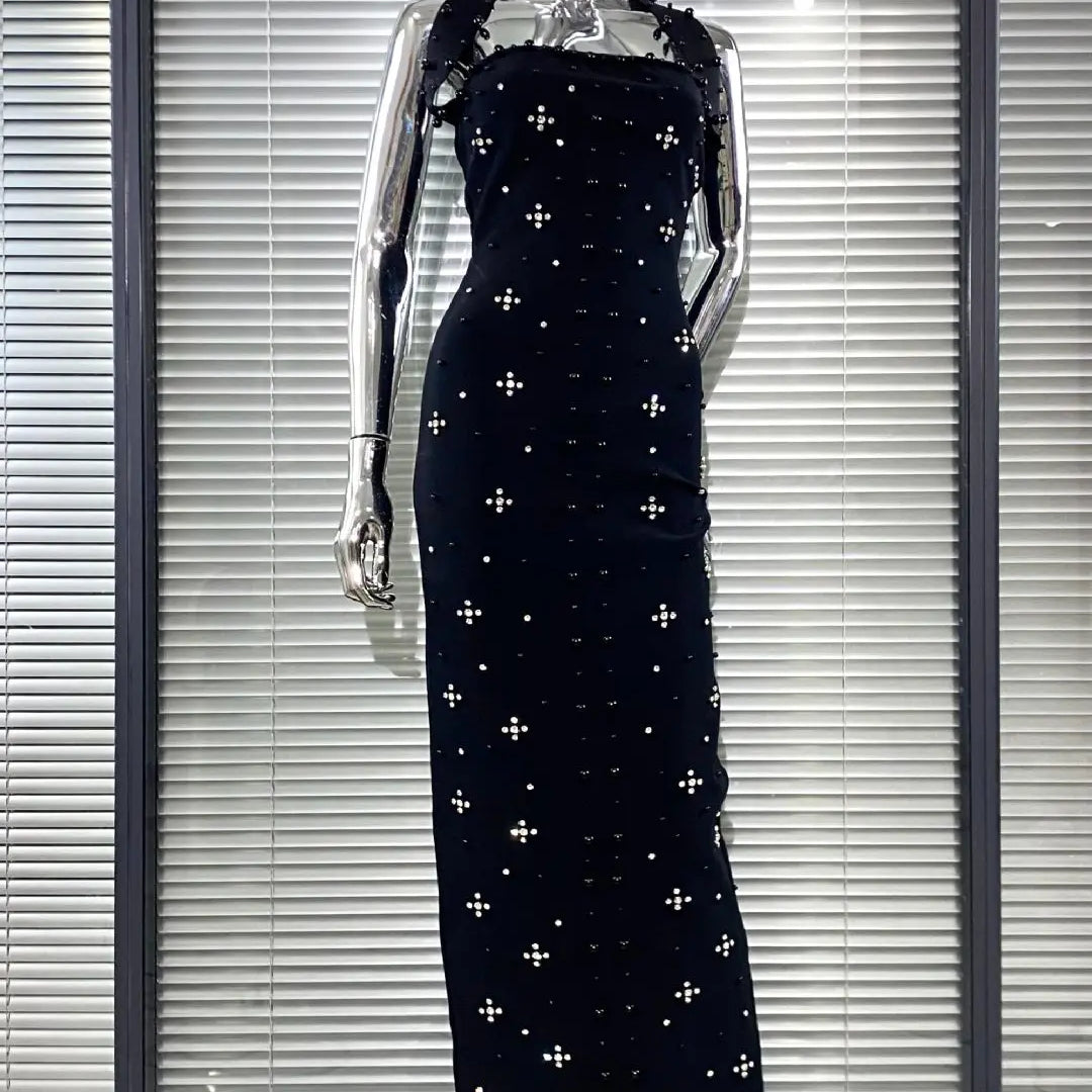 Women Sexy Halter Off the Shoulder Beading Rhinestones Bodycon Long Bandage Dress Evening Party Cocktail Vestido black