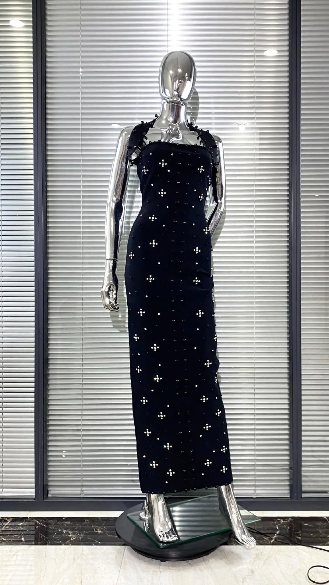 Women Sexy Halter Off the Shoulder Beading Rhinestones Bodycon Long Bandage Dress Evening Party Cocktail Vestido black