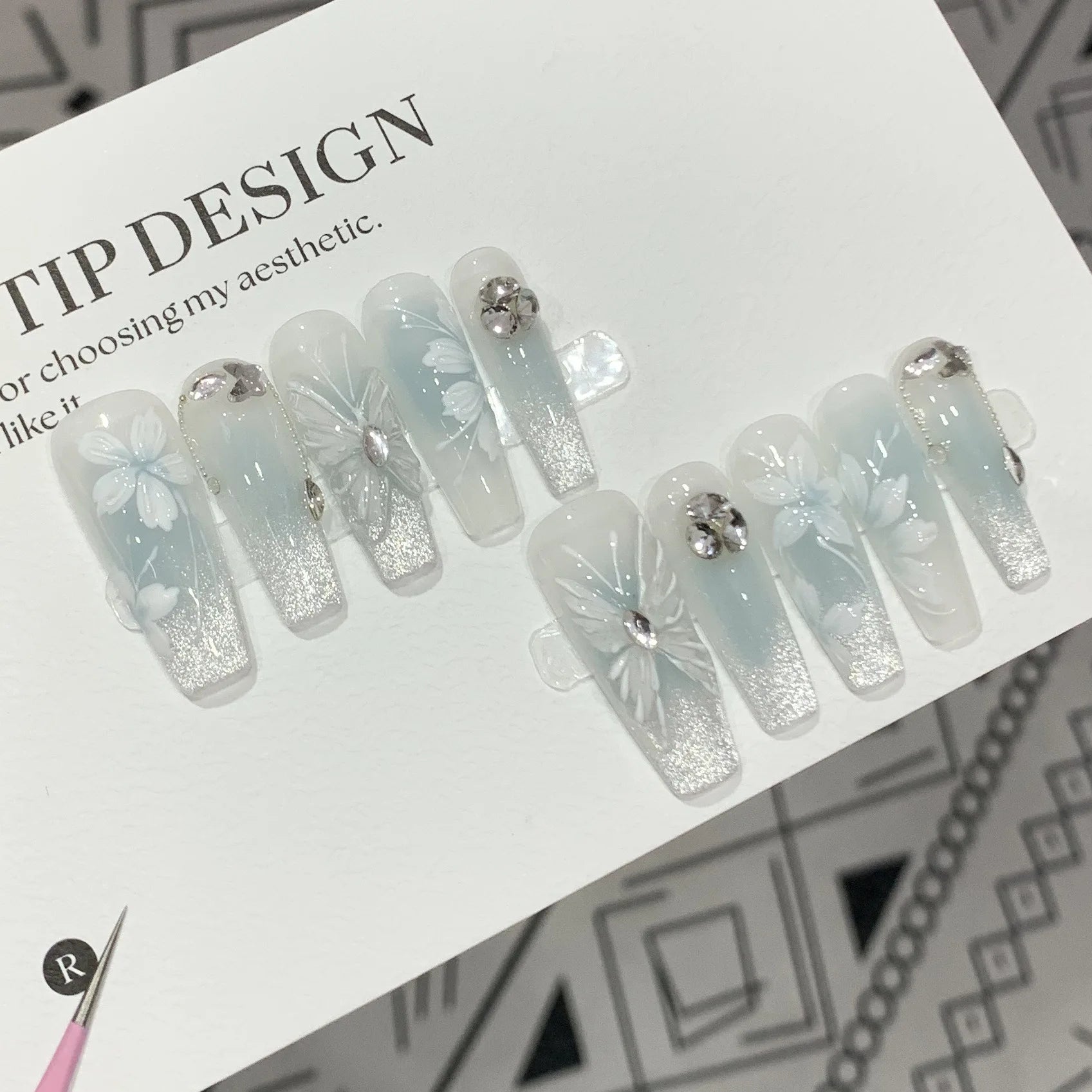 10Pcs Long Coffin Ballerina Crystal Handmade False Nails with Diamond Glitter Butterfly Fake Nail Ombre French Press on Nail Tip 4 XS