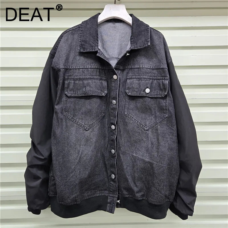 Autumn Winter New Fashion Denim Patchwork Contrast Color Pleated Scimitar Sleeve Jacket For Women Loose Coat 11A07724