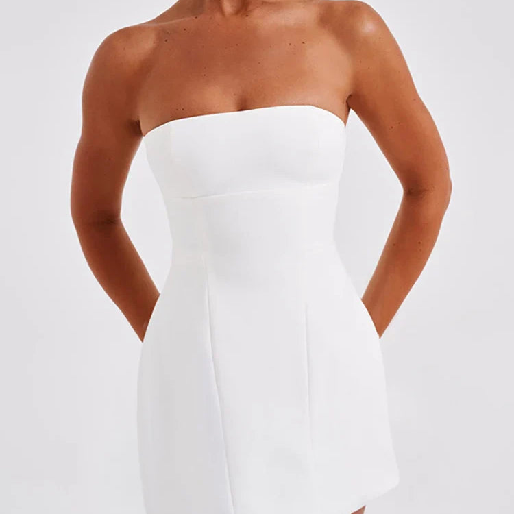 HOUZHOU Elegant Strapless Short Dresses for Women Summer Sexy Vintage Slim A-line Black Party Dresses Graduation Prom White