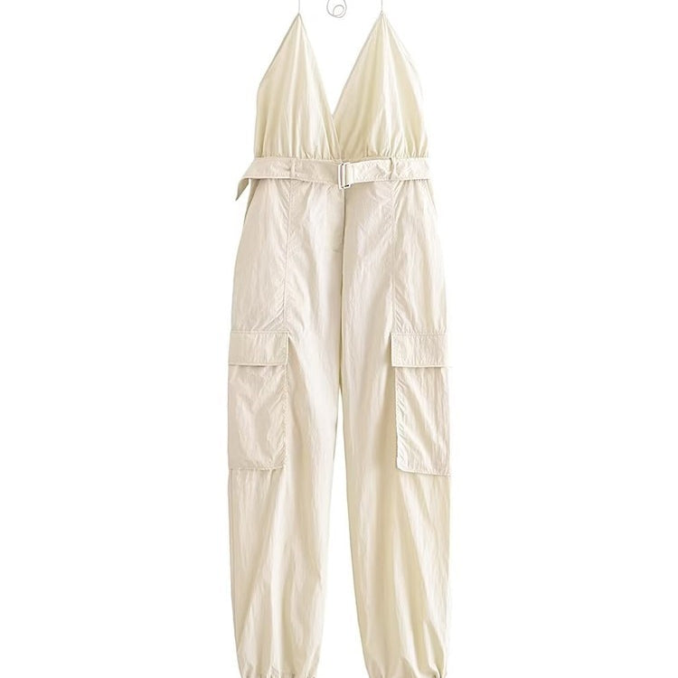 Summer Women Fashion Safari Style Halter Jumpsuit Sexy V-Neck Backless Stretch High Waist Jumpsuits Female Solid Pocket Bodysuit