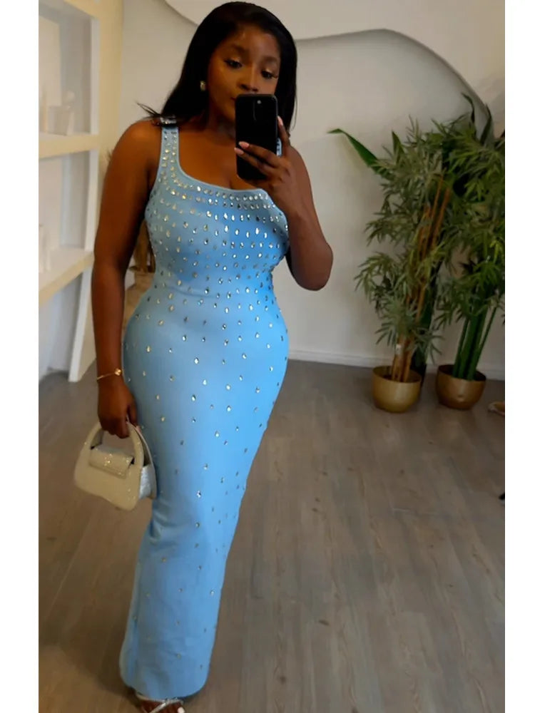 Women Celebrity Sexy Tank Studded Sky Blue Black Maxi Long Bodycon Bandage Dress 2024 Elegant Evening Club Party Outfit SKY BLUE