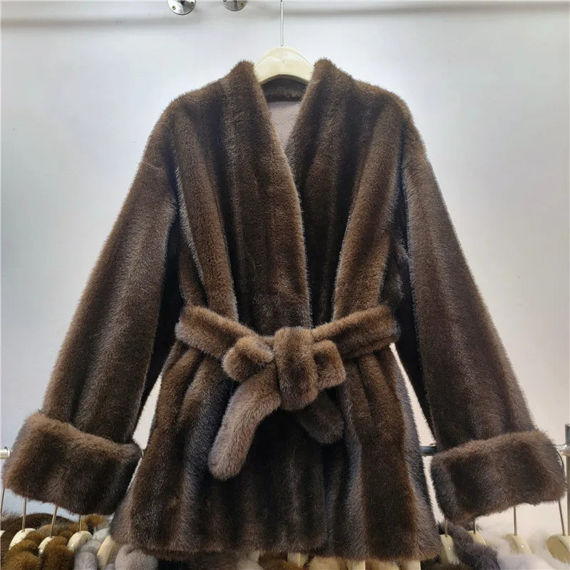 Autumn Winter New Fashion Style Faux Mink Fur Belted Coat For Women High Quality Soft Lace-up Waist Jacket 11A07840 Coffee One Size