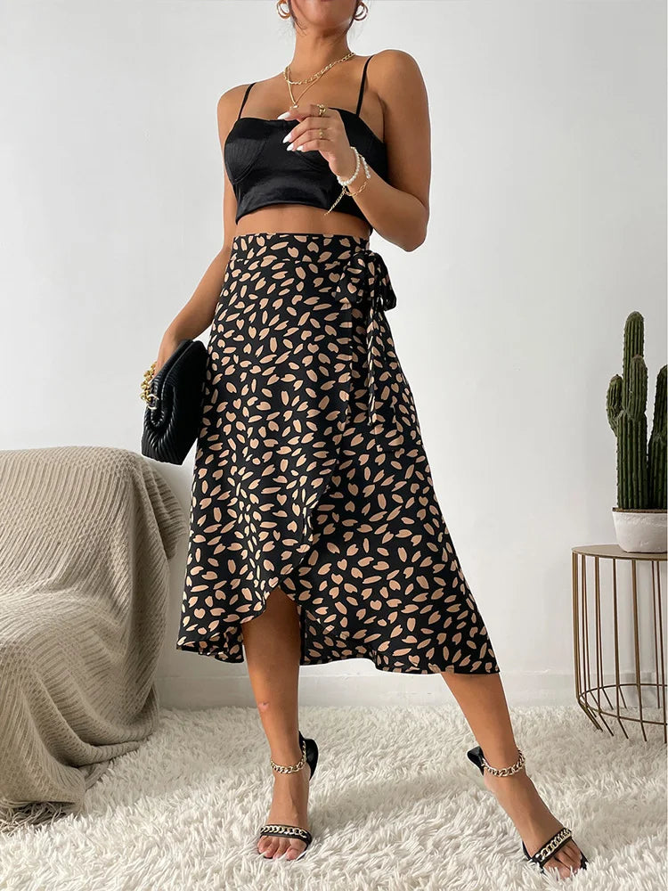 Benuynffy Boho Women Casual Print Tie Side Wrap Skirt Elegant High Waist Female Summer Asymmetrical Knee Length A-Line Skirts Black