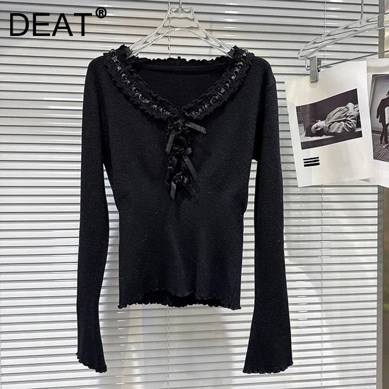 Winter New Sweet Fashion V-Neck Lace Rhinestone Elastic Knitted Sweater For Women Slim Fit Pullover Female 11A07928