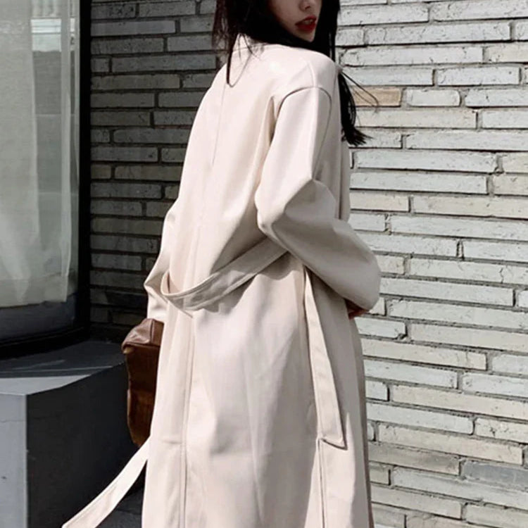 Autumn Long Black Cool PU Leather Trench Coat for Women Belt Single Breasted Loose Korean Fashion Wholesale Clothes 2022 Creamy white