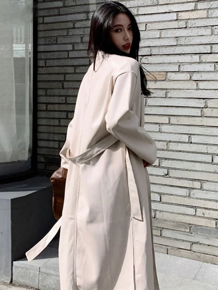 Autumn Long Black Cool PU Leather Trench Coat for Women Belt Single Breasted Loose Korean Fashion Wholesale Clothes 2022 Creamy white