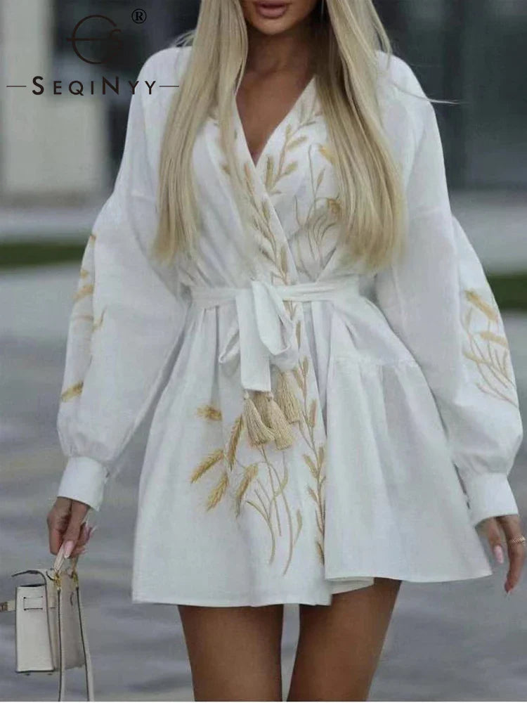 SEQINYY Casual Mini Dress Summer Spring New Fashion Design Women Runway Embroidery Flower Shirt Fabric Holiday