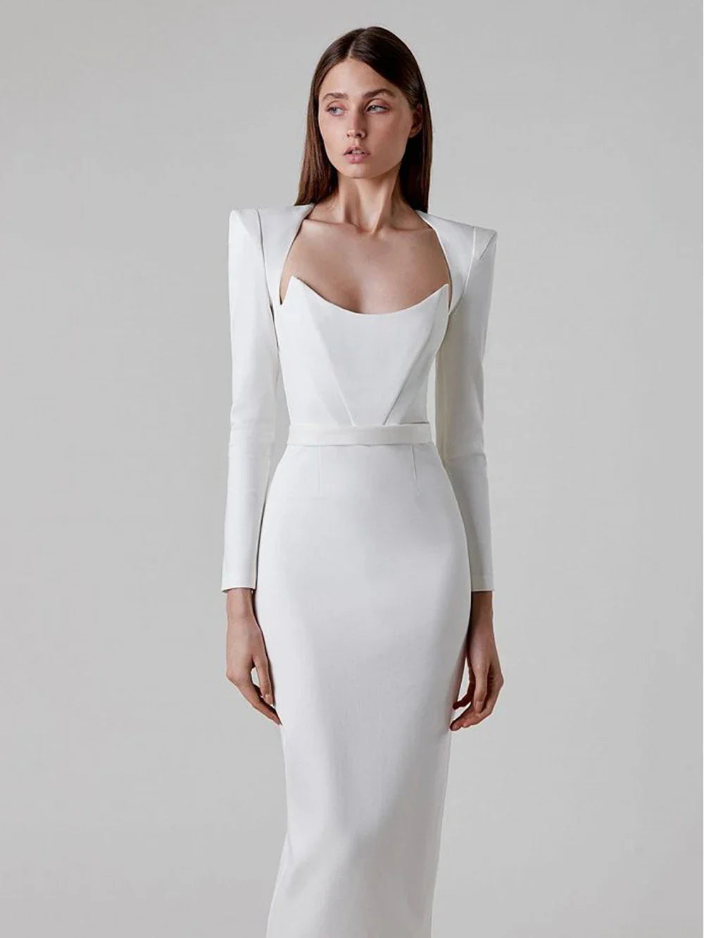 Arrival Women Winter Sexy Long Sleeve V Neck Pink Black White Midi Bandage Dress Elegant Evening Club Party Dress WHITE