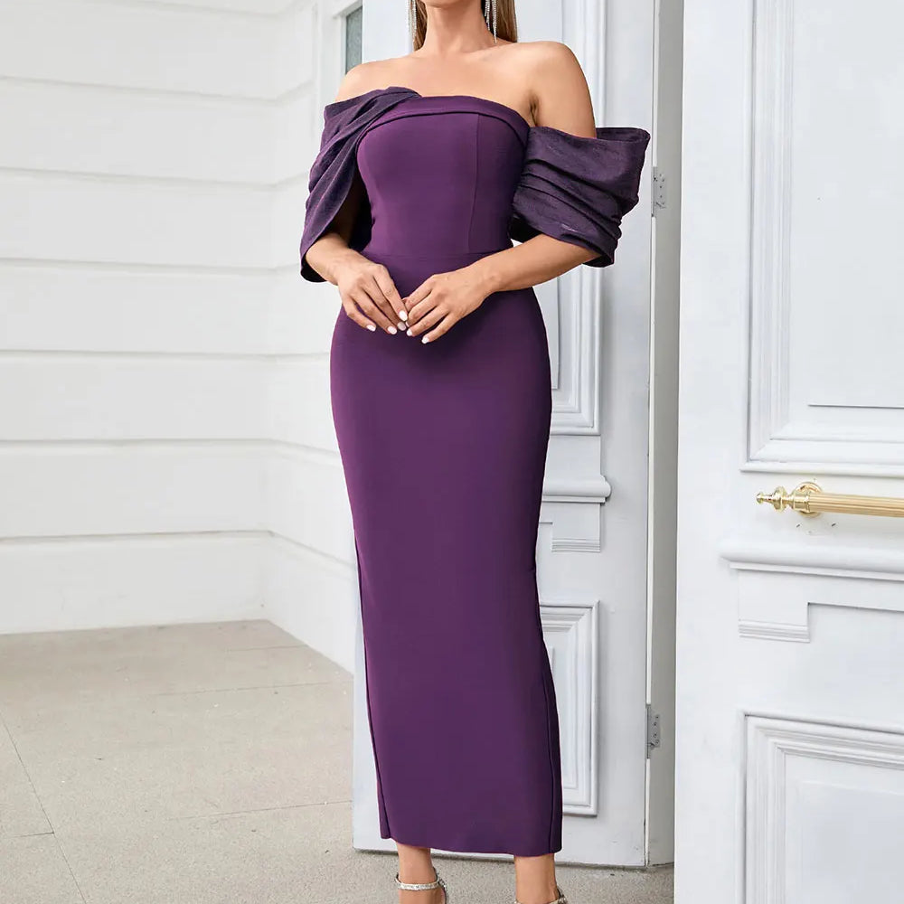 2025 Sexy Women'S Bandage Dresses Strapless Raglan Sleeves Bodycon Backless Midi Dress Celebrity Evening Club Party Vestitos PURPLE