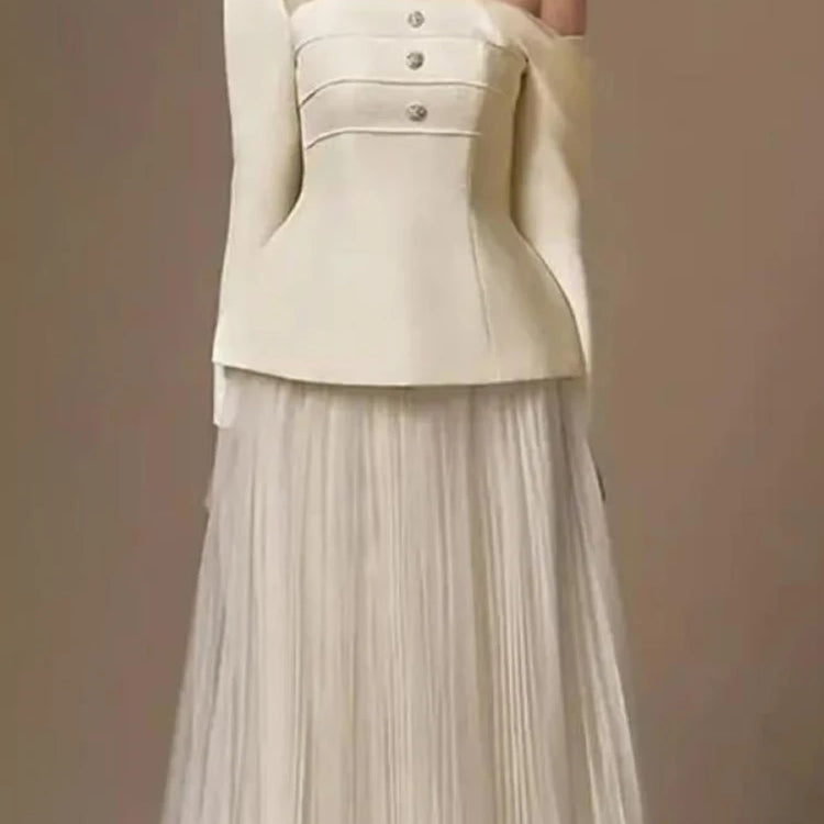 Solid Two Piece Set For Women Diagonal Collar Long Sleeve Tunic Top High Waist Pleated Skirt Elegant Sets Female