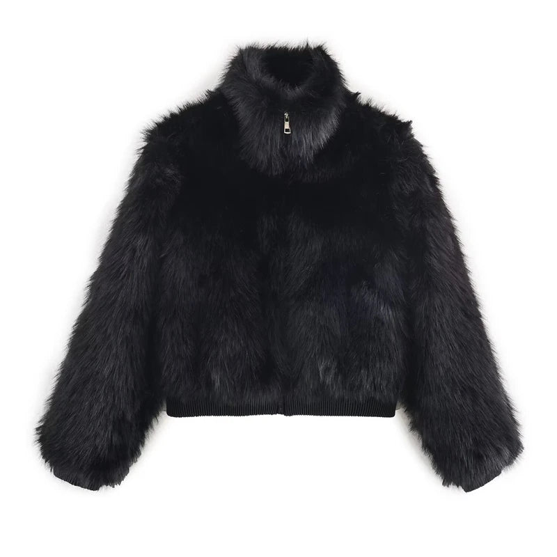 Black Faux Fur Bomber Jacket for Women - High Collar, Zipper Closure, Soft Fluffy Texture, Stylish Cold-Weather Coat black