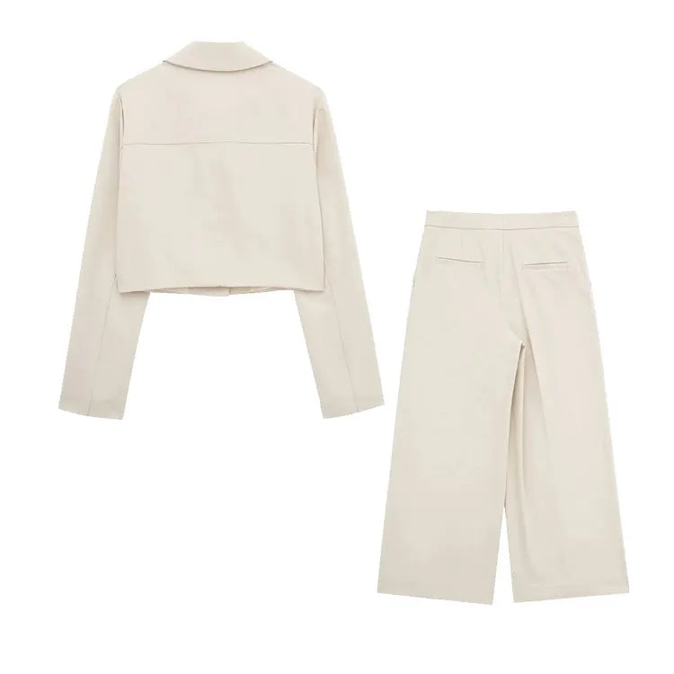 TRAF Spring Women's Fashion Beige Blazer Suit Single Breasted Jacket Women's High Waist Casual Baggy Pants 2-piece Set