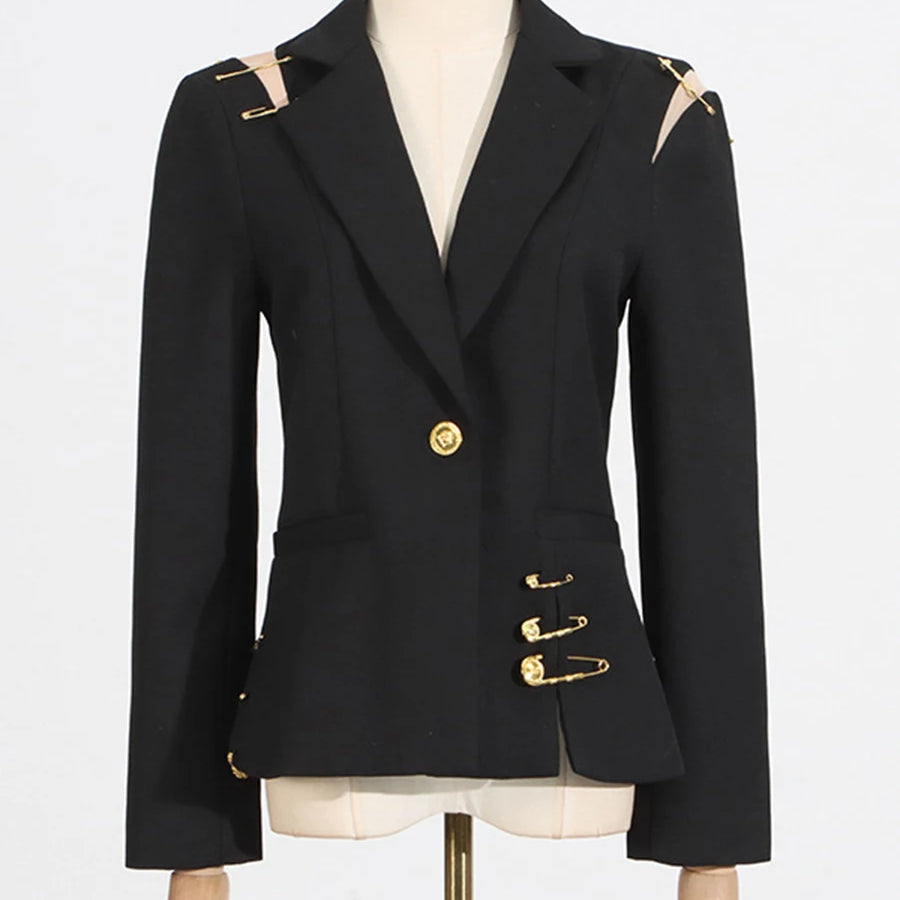 Slimming Spliced Paper Clip Elegant Jackets for Women Lapel Long Sleeves Patchwork Button Jacket Female Fashion New BLACK