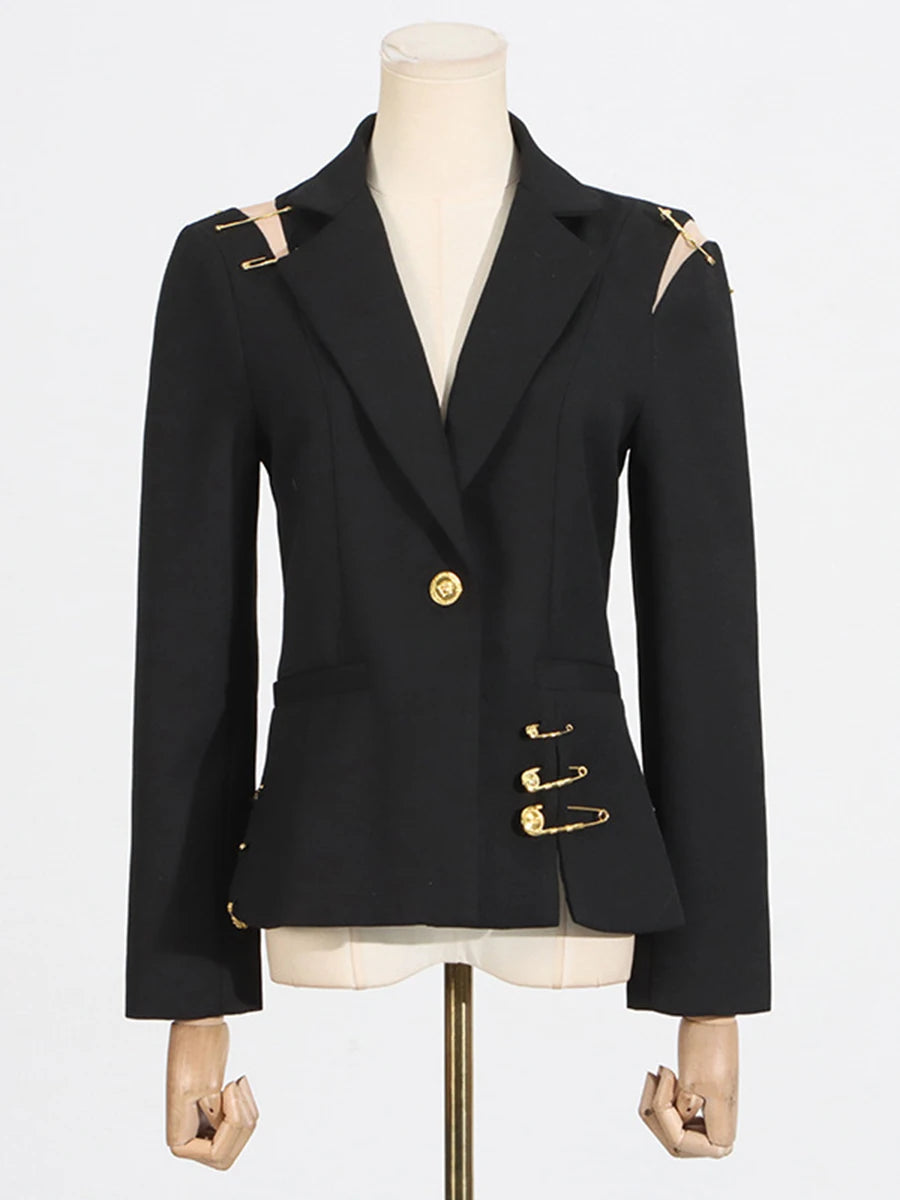 Slimming Spliced Paper Clip Elegant Jackets for Women Lapel Long Sleeves Patchwork Button Jacket Female Fashion New BLACK