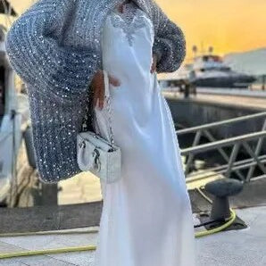 Sequin Knitted Women's Sweater Autumn Bishop Sleeve Zippers Loose Casual Sweaters Female 2024 Lady Stand Collar Outerwear Silver