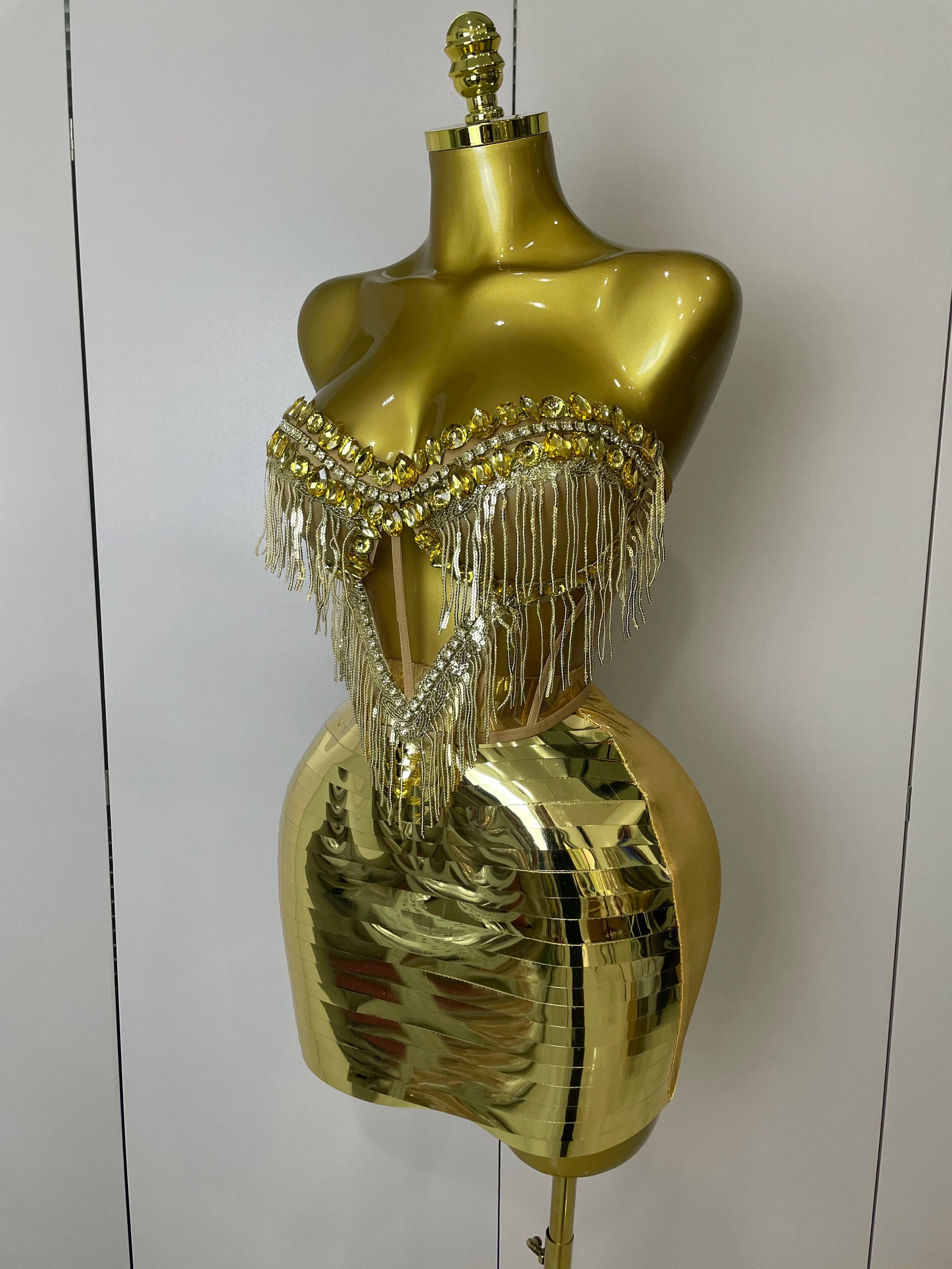 Sparkly Gold Rhinstones tassels Top Skirt Two-piec Set 2025 Women Sexy Strapless Designer Nightclub Evening Party Stage Outfit