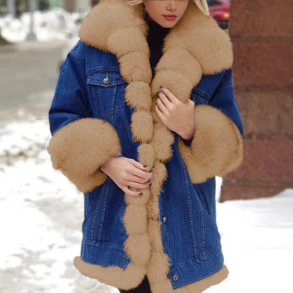 Lazada Best Selling Women's Long Sleeve Faux Fur Leather Denim Jacket Wish Top Brand Chinese Origin Mixed Fur Coat