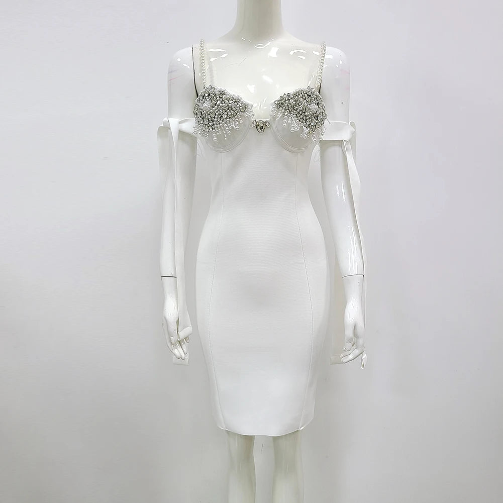 EXquisite Beading Shining Diamonds Lace Up Spaghetti Strap Knee Length Dress Hotsweet Woman Bandage Dress Evening Party Outfit WHITE
