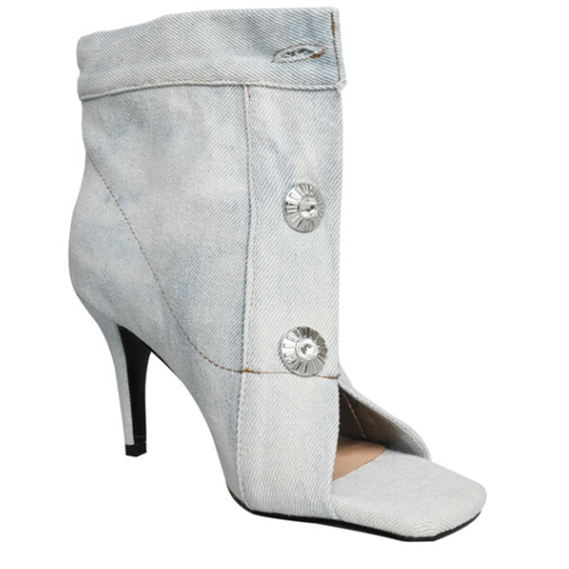 Women's Summer European and American Vintage Denim Slim High Heel Button Sandals Fashion New Open Teeth Large Size Sandals