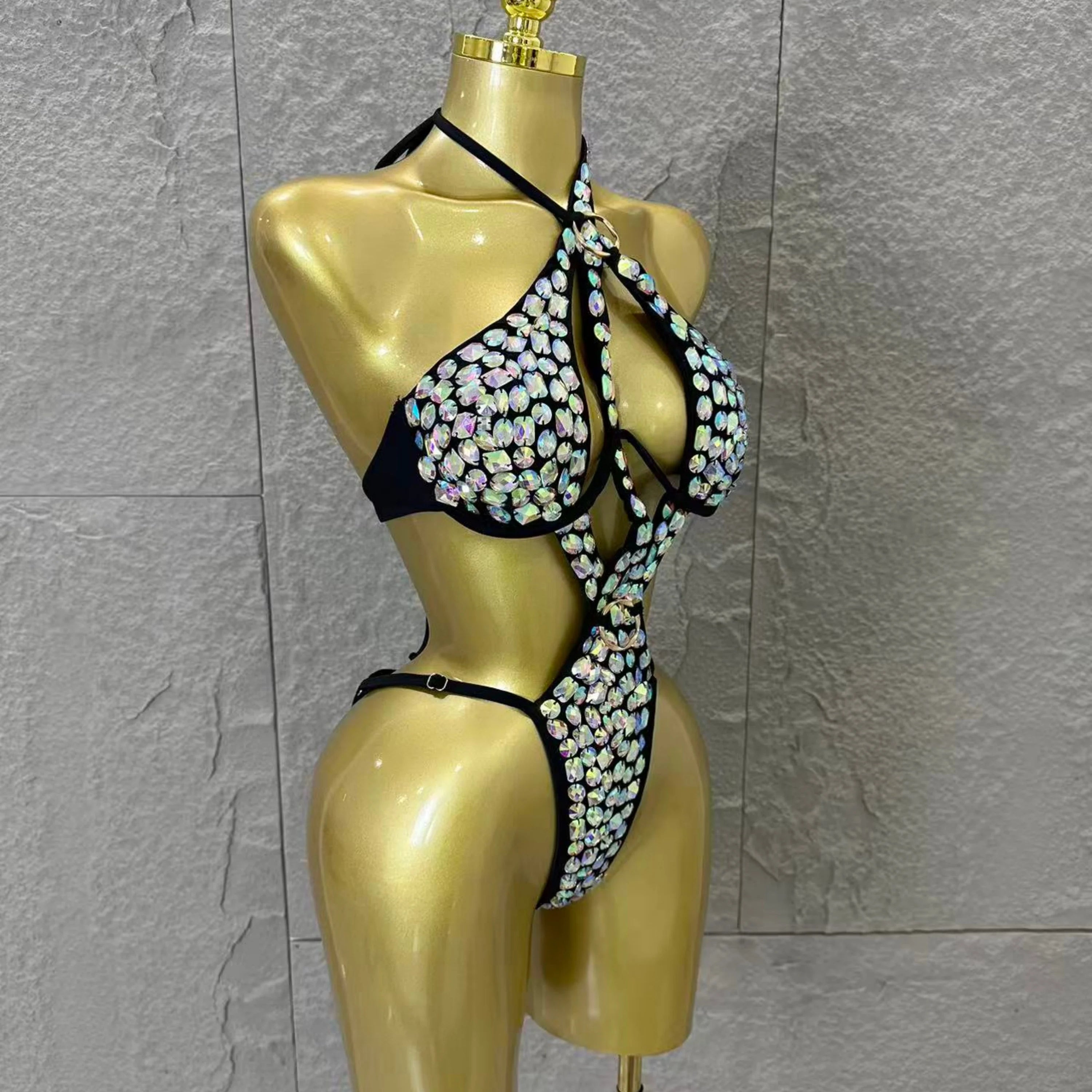 Women Sexy Halter Neck Iridescent Crystal Embellished Cutout Outfit Stage Performance Costume 2026 Luxurious Black Bodysuit