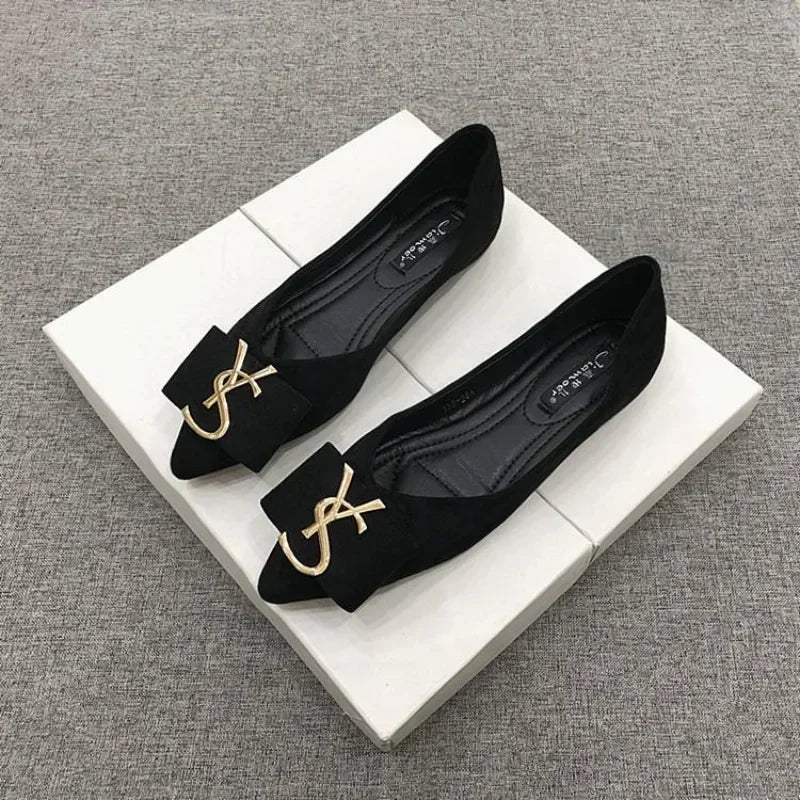 New Korean Version of Metal Buckle Design Suede Shallow Mouth Pointed Flat/Thick/low Heels Bottom Black Luxury Shoes Women Black flat bottom