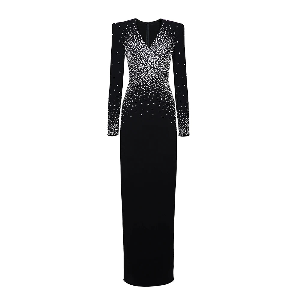 Black Long Sleeves Pearls Embellished Long Dress For Women V Neck Beaded Celebrity Party Evening Gowns Vestidos black
