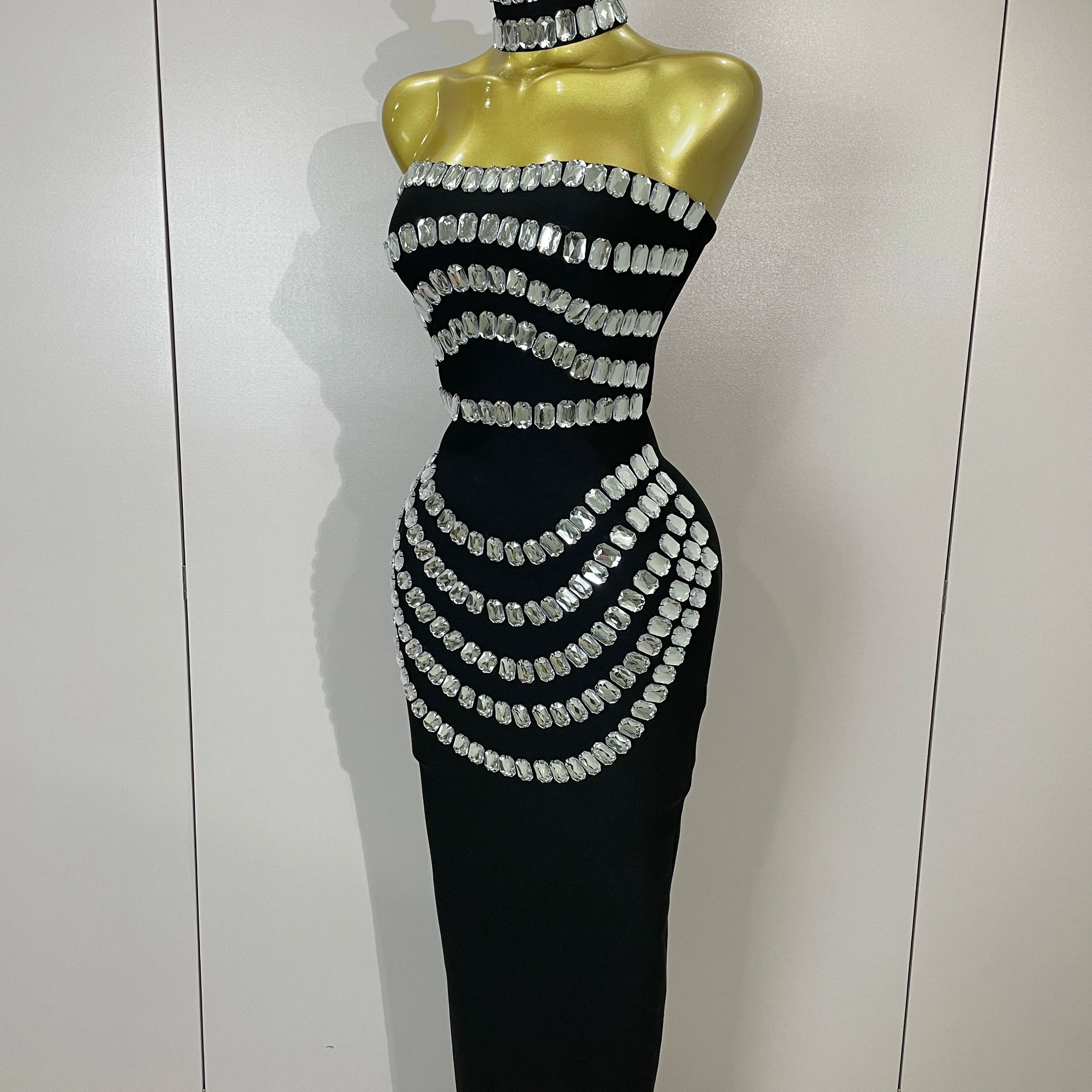 2025 Women Sexy Backless Strapless Black Beading Long Bandage Bodycon Dress Celebrity Elegant Evening Luxury Birthday Dresses