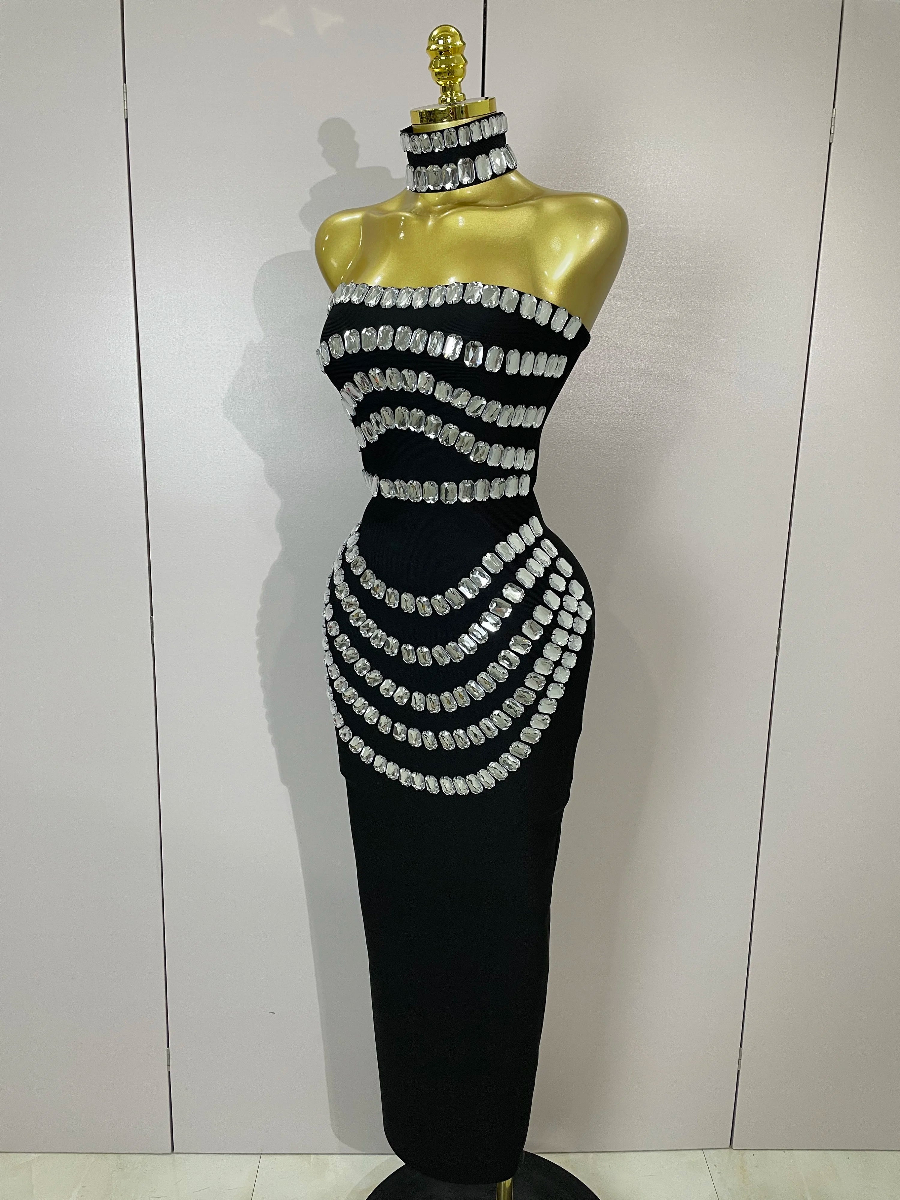 2025 Women Sexy Backless Strapless Black Beading Long Bandage Bodycon Dress Celebrity Elegant Evening Luxury Birthday Dresses