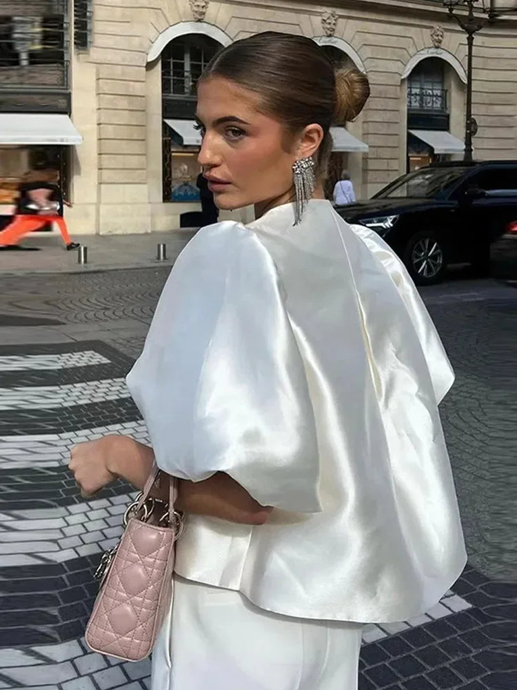 Satin Elegant Shirts Women White Lantern Short Sleeve O-neck Loose Female Blouses Spring Summer Lady Tops Chic Streetwear