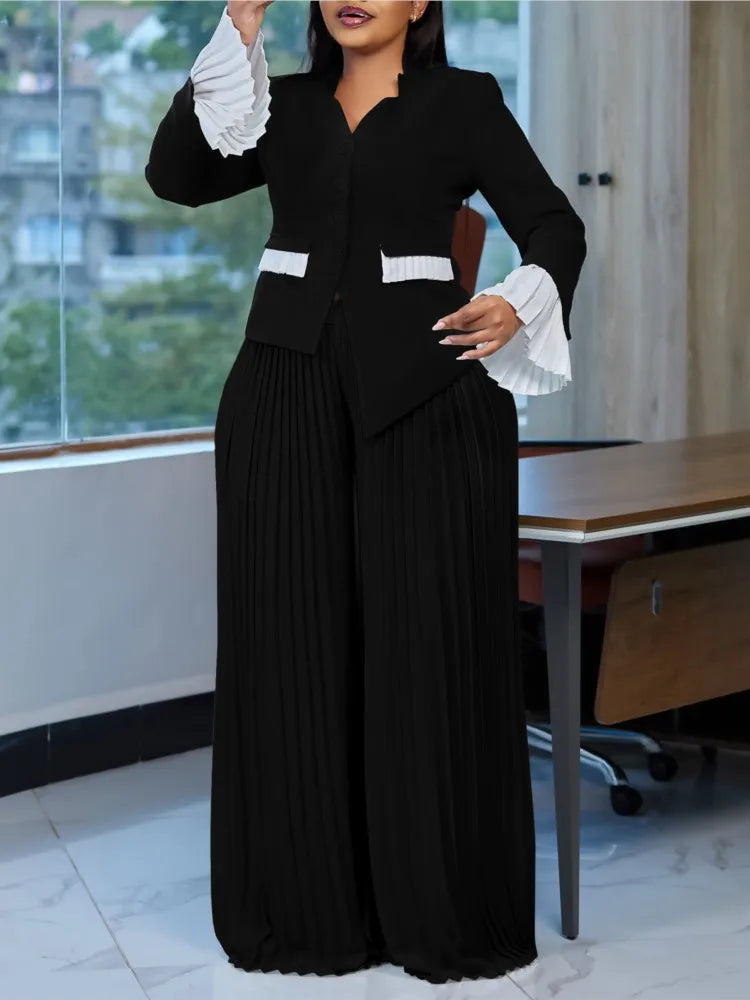 Plus Size Spring Autumn 2 Two Piece Set Women Slim Fashion Irregular Ladies Blouses Pleated Loose Wide Leg Woman Long Pant