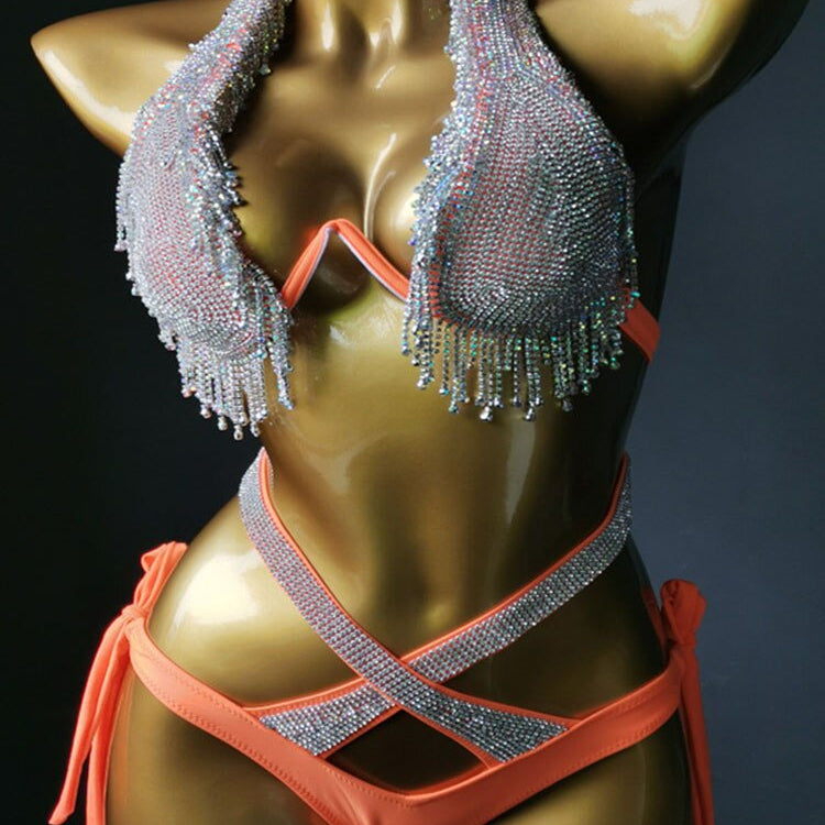 Swimwear Bikini Sets Swimsuit 2024 Summer Beach Shiny Crystal Rhinestone Padded Push Up Bikinis Set Outfits For Women Orange 3
