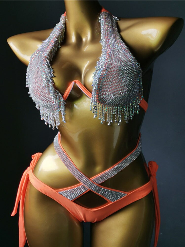 Swimwear Bikini Sets Swimsuit 2024 Summer Beach Shiny Crystal Rhinestone Padded Push Up Bikinis Set Outfits For Women Orange 3