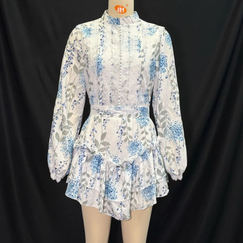 Hit Color Spliced Printing Elegant Dresses for Women High Waist Long Sleeves Patchwork Ruffles Folds Dress Female