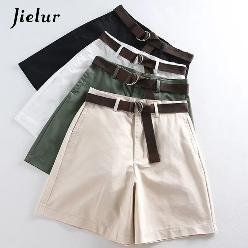 Jielur Shorts All-match 4 Solid Color Sashes Casual Shorts Women A-line High Waist Slim Short Femme Chic S-XXL Ladies Bottom