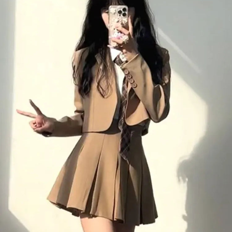 Sets for Women 3 Pieces Autumer Elegant Cardign Suit Coat Shirt Pleated Skirt Sets School Vintage Casual Luxury Korean Fashion