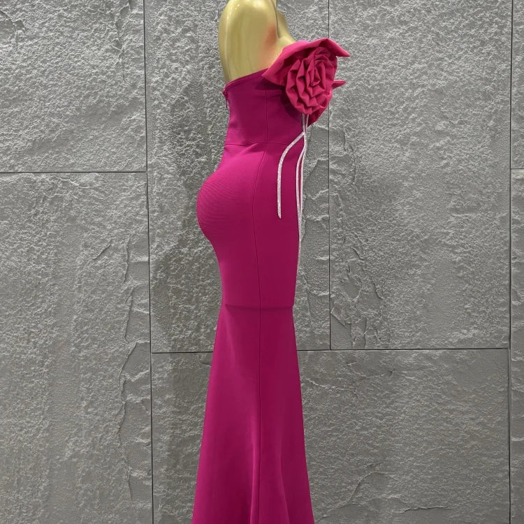 Rosered Color Women Sexy Florals Strapless Diamond Line Bodycon Long Bandage Dress Birthday Party Photo Shoot Wear