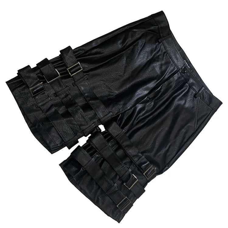 Nerazzurri Summer Autumn Black Faux Leather Shorts for Men with Many Belt Mens High Waist Short Straight Pants Emo Clothes 2025