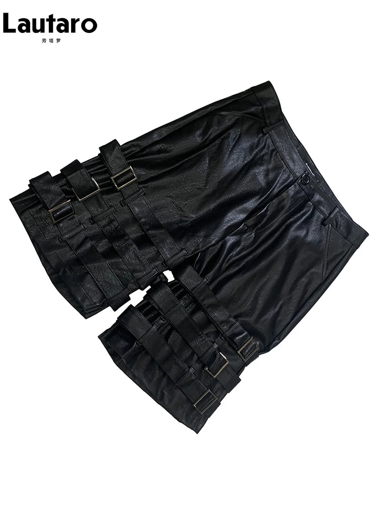 Nerazzurri Summer Autumn Black Faux Leather Shorts for Men with Many Belt Mens High Waist Short Straight Pants Emo Clothes 2025