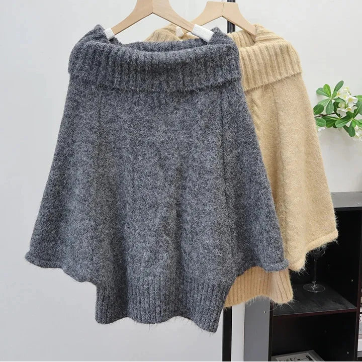 Autumn Winter New Off-Shoulder Design Thickened Cable Knit Cape Sweater Lazy Style Pullover For Women 11A07620