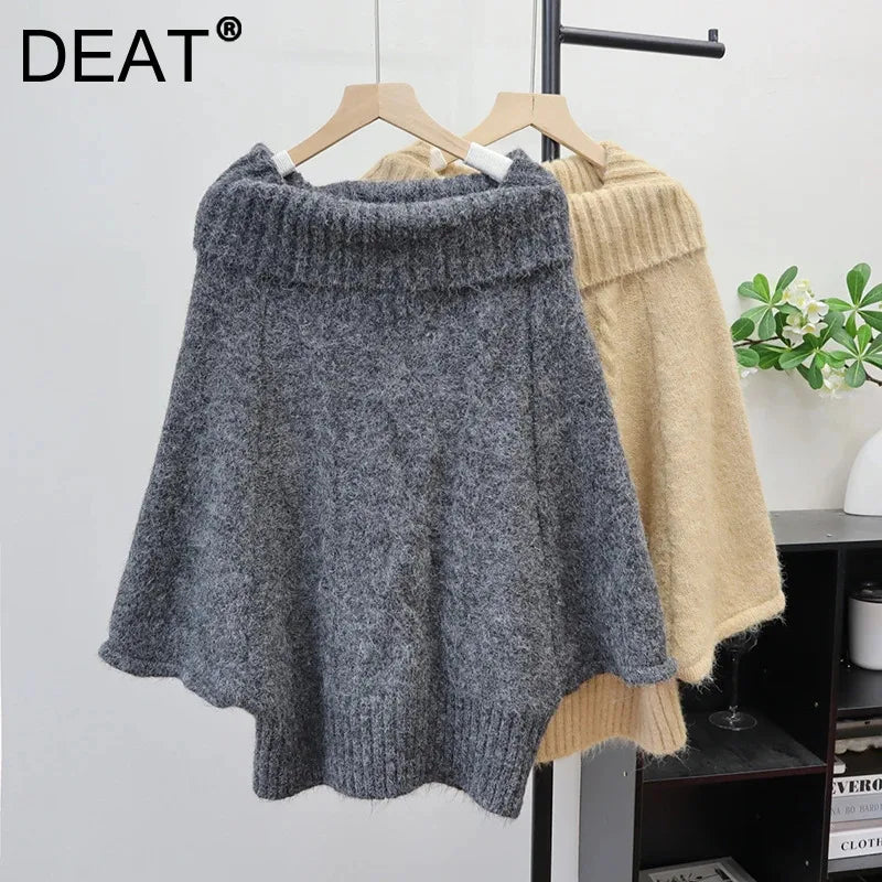 Autumn Winter New Off-Shoulder Design Thickened Cable Knit Cape Sweater Lazy Style Pullover For Women 11A07620