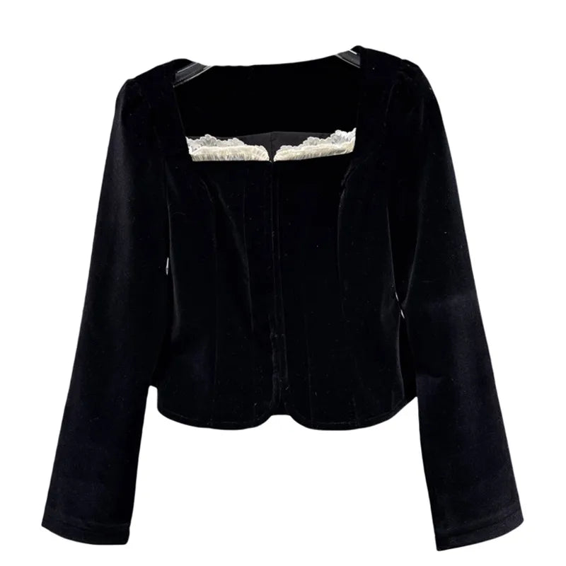 Winter New Fashion Lace Edge Square Collar Waist Design Velvet Short Coat For Women Elegant High Waist Jacket 11A07962