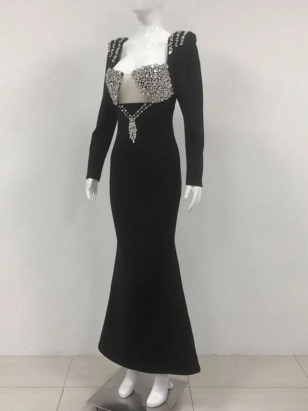 Elegant Light Luxury Nail Diamond Tail Dress Women Long Sleeve Bodycon Bandage Dress Celebrity Evening Party Long Dress Vestidos