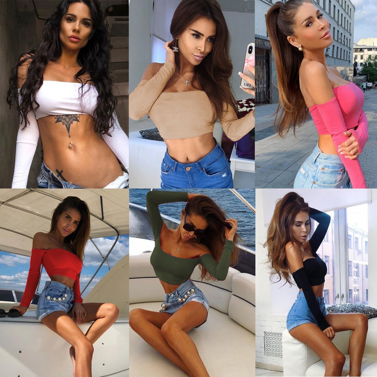 Slash Neck Crop Top Women Summer Casual T Shirt Basic Sexy Streetwear Long Sleeve Tops Autumn Solid Bodycon Fashion Tops 2024