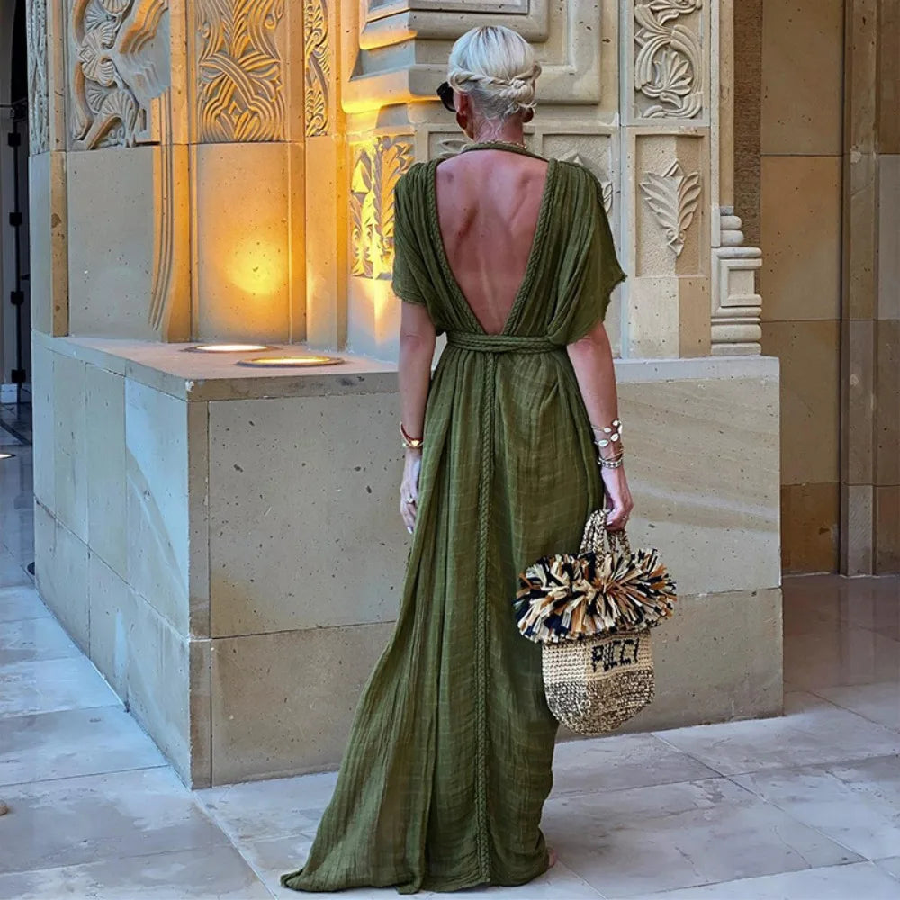 Green Bohemia Holiday Dress Women Elegant Solid Casual Loose Long Dresses Summer Sexy Split Backless Maxi Beach Dress New