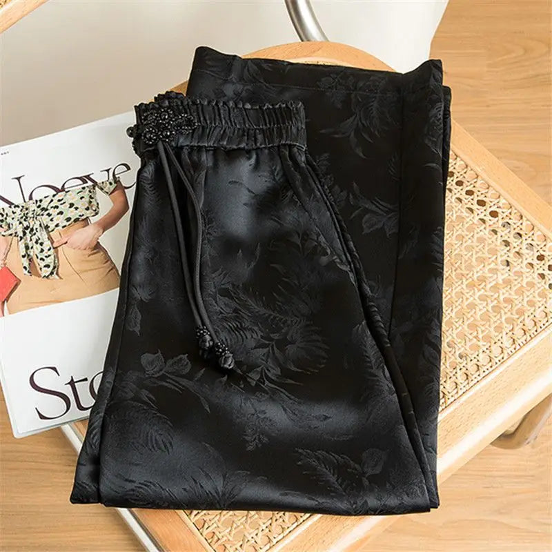 Black Vintage Elastic High Waist Lace Up Wide Leg Loose Women's Pants Korean Fashion Full-Length Pants For Women Spring