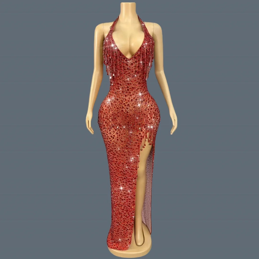 Black Tassel Sparkly Crystals Deep V Neck Evening Gown Low-cut Long Dress Birthday Celebrate Party Photo Shoot Wear Wulongweibo Red