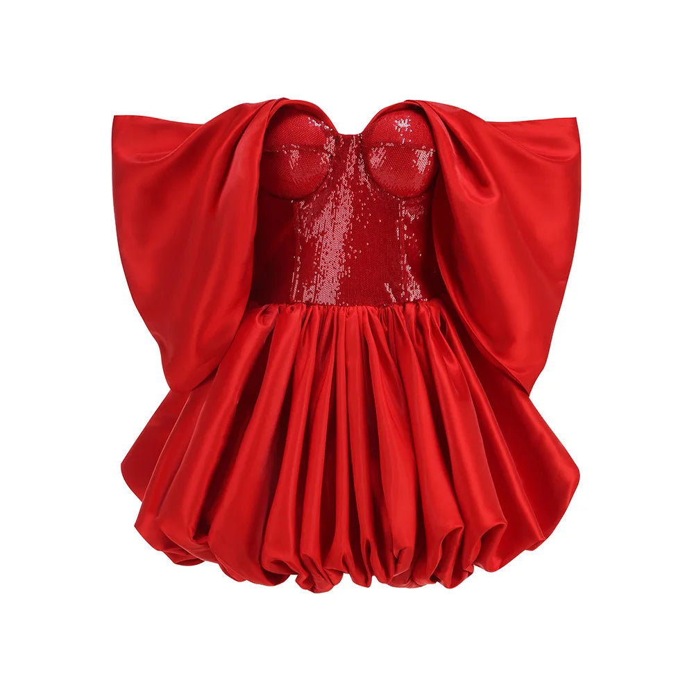 Red Shinning Sequins Women Strapless Sexy Ball Gown Mini Dress Christmas Birthday Party Celebrate Dress Red