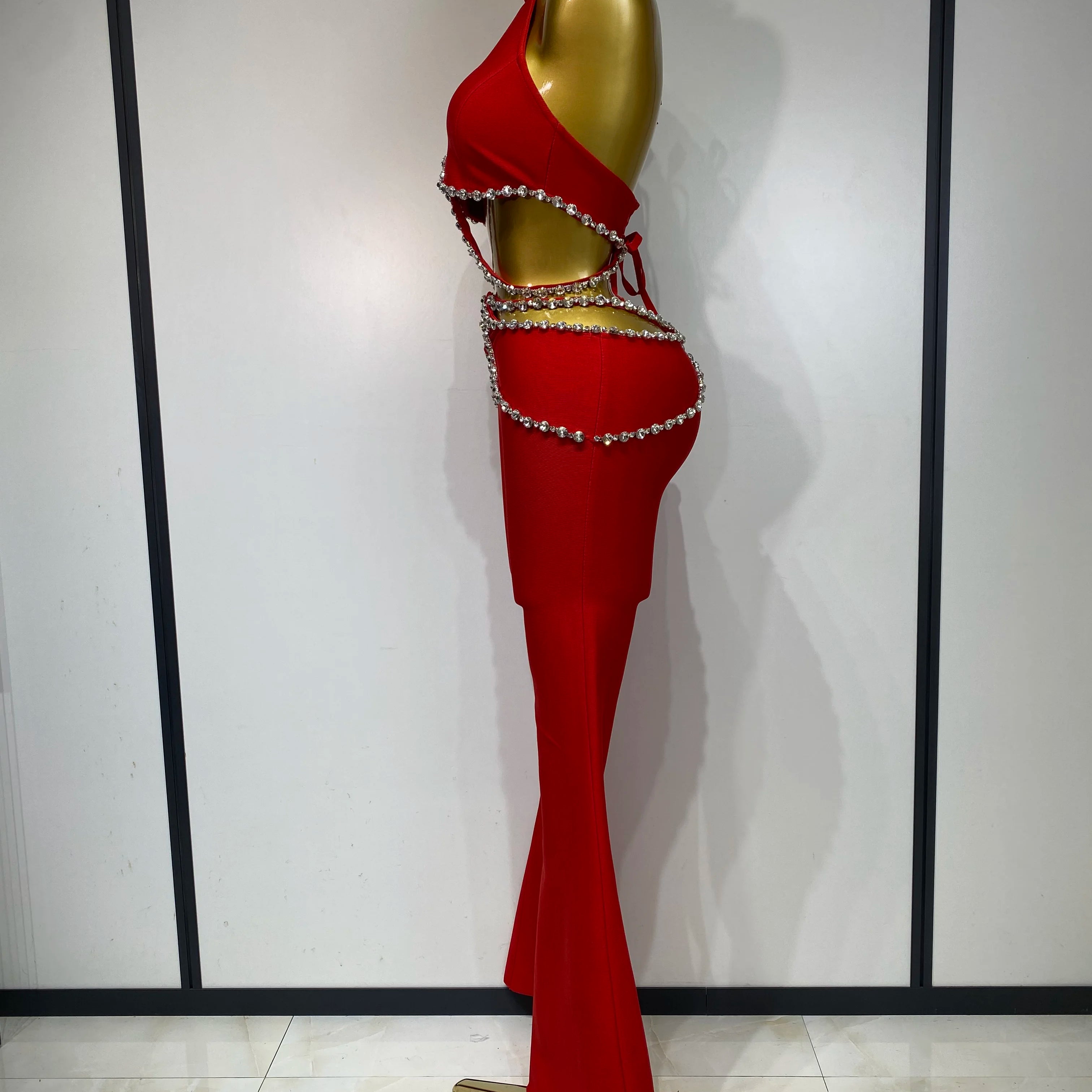 Women Luxury Rhinestone Red Sexy Cut Out Two Piece Pants Bandage Set 2025 Celebrity Designer Fashion Women's Set Stage Outfit